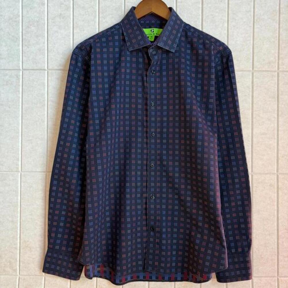 Bristol & Bull Geometric Grid Navy Blue Cotton Blend Button Down Shirt‎ Mens M